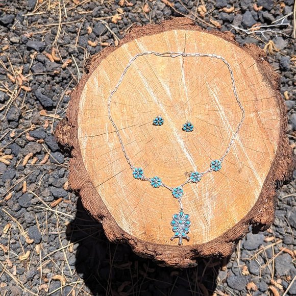 Zuni Chain Necklace and Earrings Set Kingman Turquoise Cluster Native American** - Picture 5 of 9